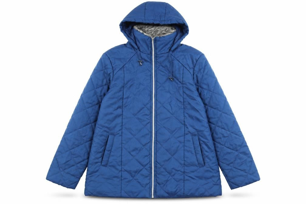 Front view of Anne De Lancay women’s blue jacket coat, size M, zip