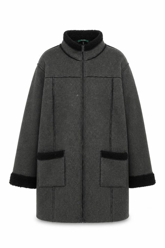 Front view of Marks & Spencer women’s grey overcoat coat, size UK 18, zip