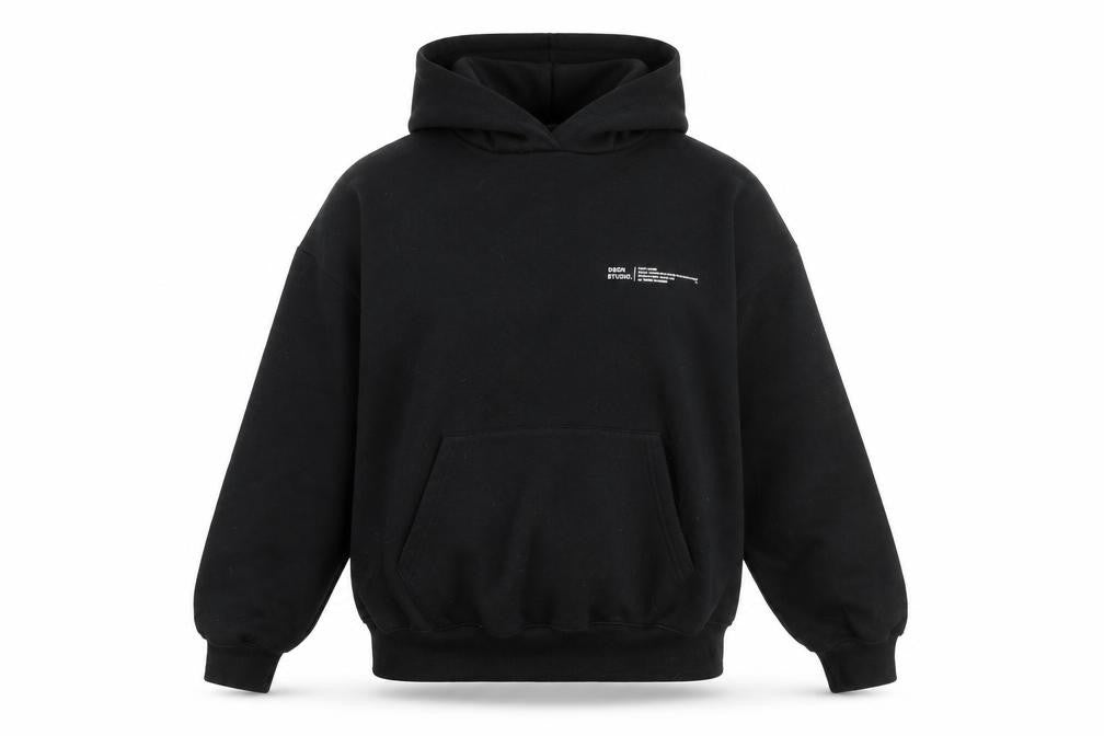 Front view of Boohoo women’s black cotton pullover hoodie, size S, pullover - dsgn studio