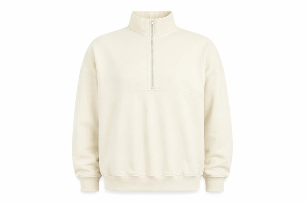 Front view of Boohoo women’s beige cotton pullover sweatshirt, size S, zip