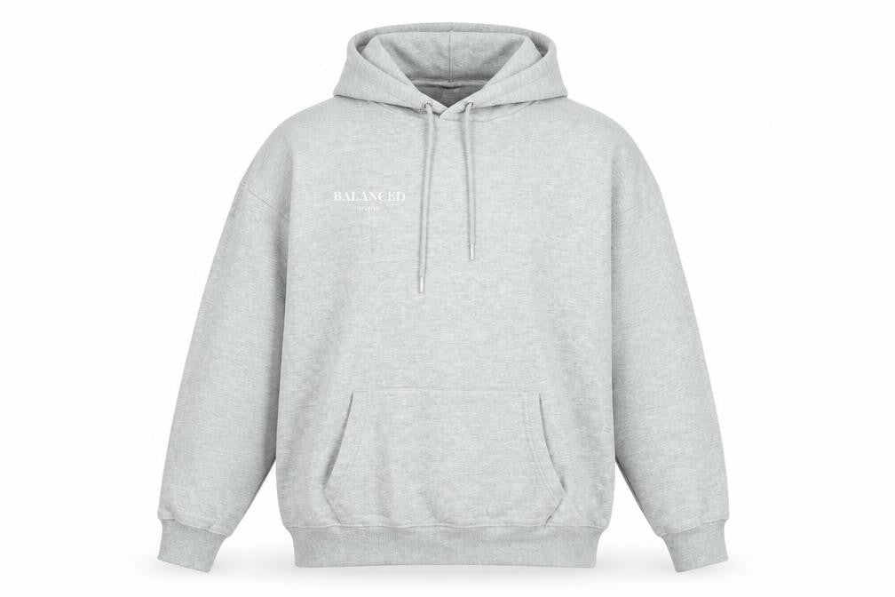 Front view of PRETTYLITTLETHING women’s grey cotton pullover hoodie, size M, pullover - balanced lifestyle
