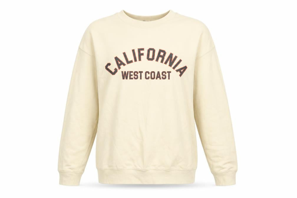 Front view of Boohoo women’s beige cotton pullover sweatshirt, size S, pullover - california west coast