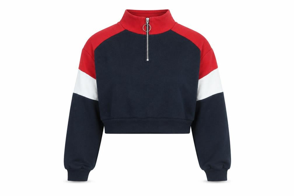 Front view of H&M women’s blue cotton pullover sweatshirt, size S, zip
