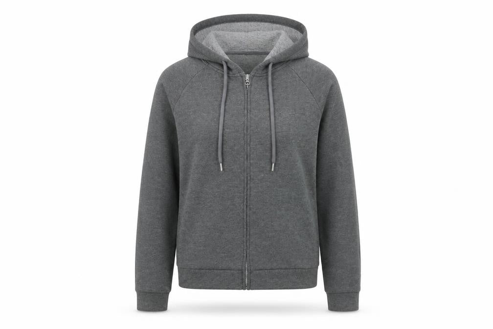 Front view of H&M women’s grey polyester full zip hoodie, size S, zip