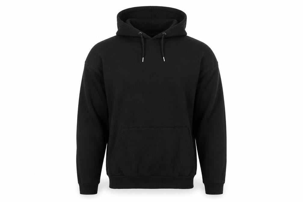 Front view of ASOS men’s black cotton pullover hoodie, size XS, - hand sign