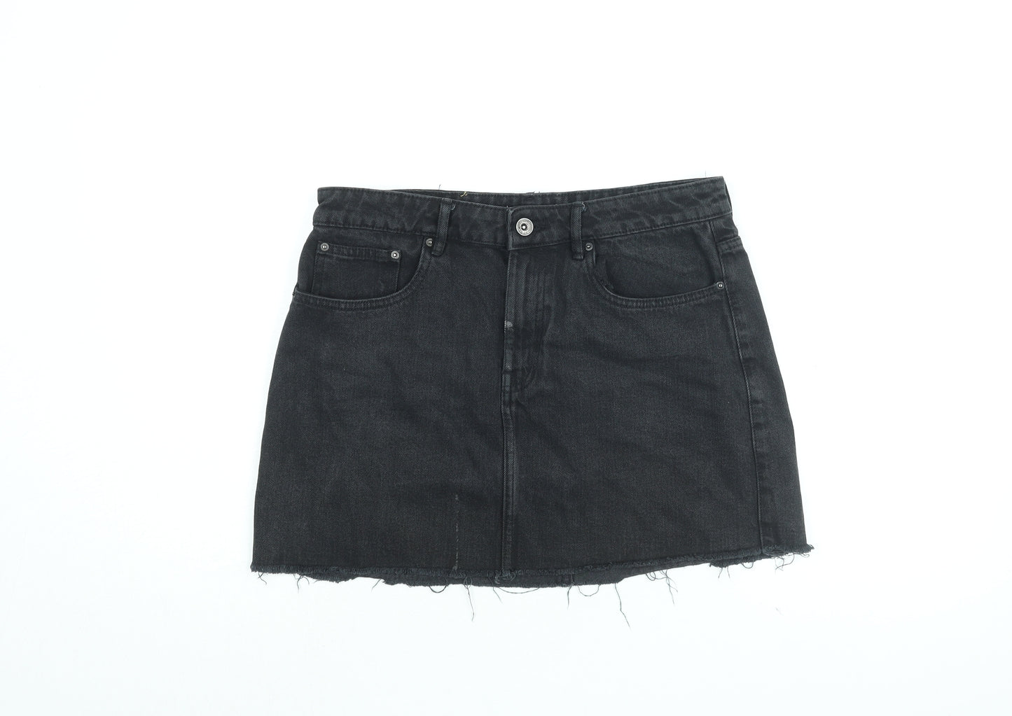 Zara Womens Black Cotton Mini Skirt Size L Zip