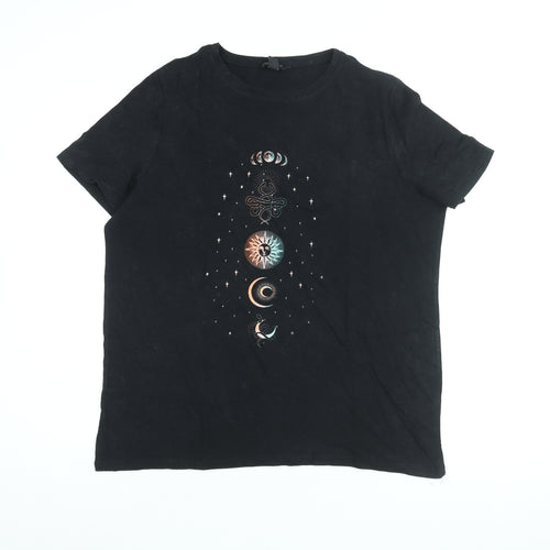 New Look Womens Black Cotton Basic T-Shirt Size 16 Round Neck - Moon & Star Print