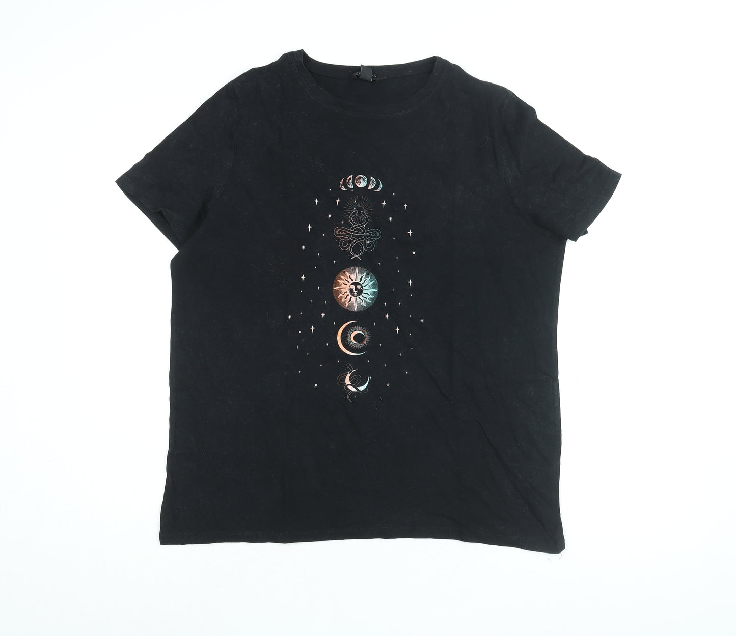 New Look Womens Black Cotton Basic T-Shirt Size 16 Round Neck - Moon & Star Print