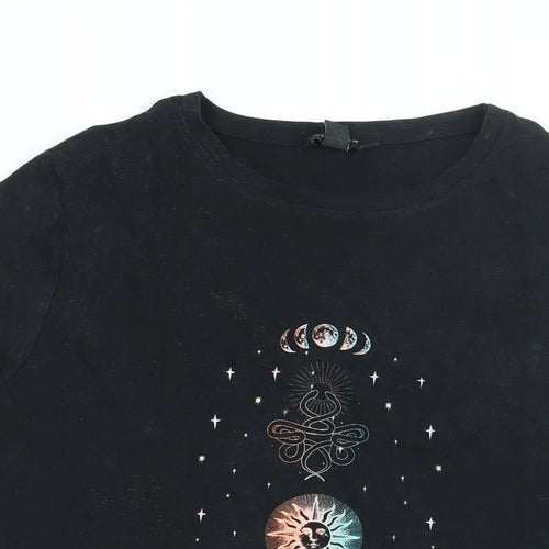 New Look Womens Black Cotton Basic T-Shirt Size 16 Round Neck - Moon & Star Print