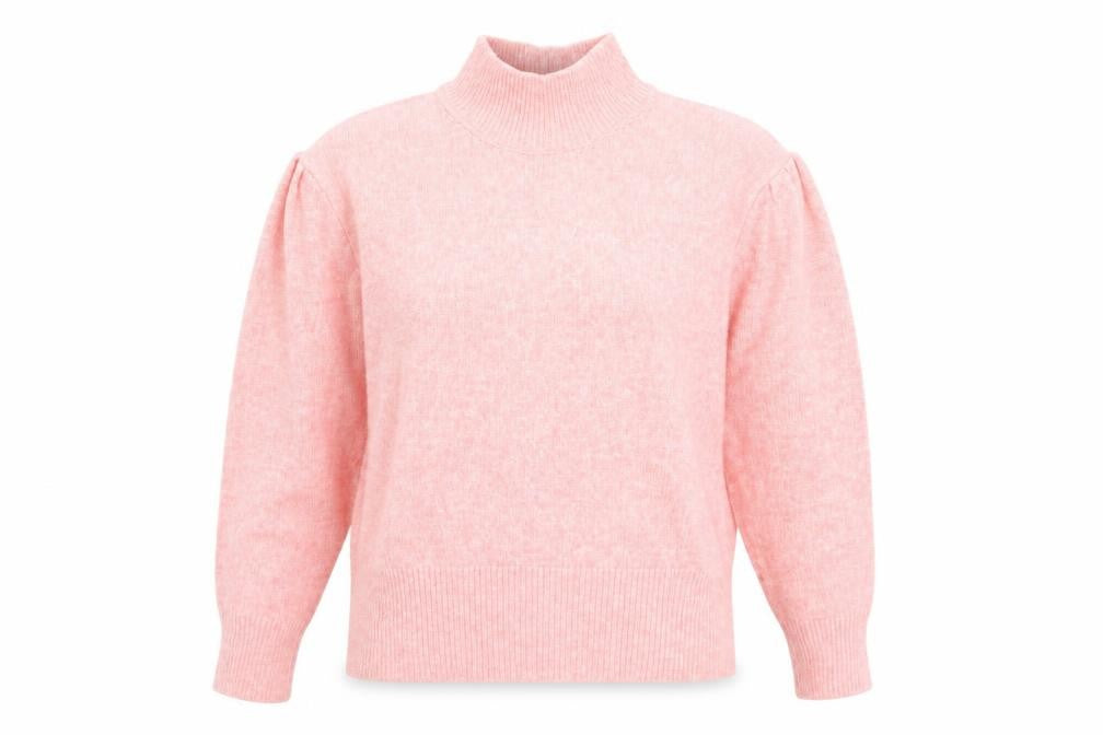 Front view of Marks & Spencer women’s pink high neck polyester jumper, size S