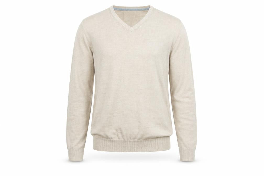 Front view of Easy men’s beige v-neck acrylic jumper, size M, long sleeve