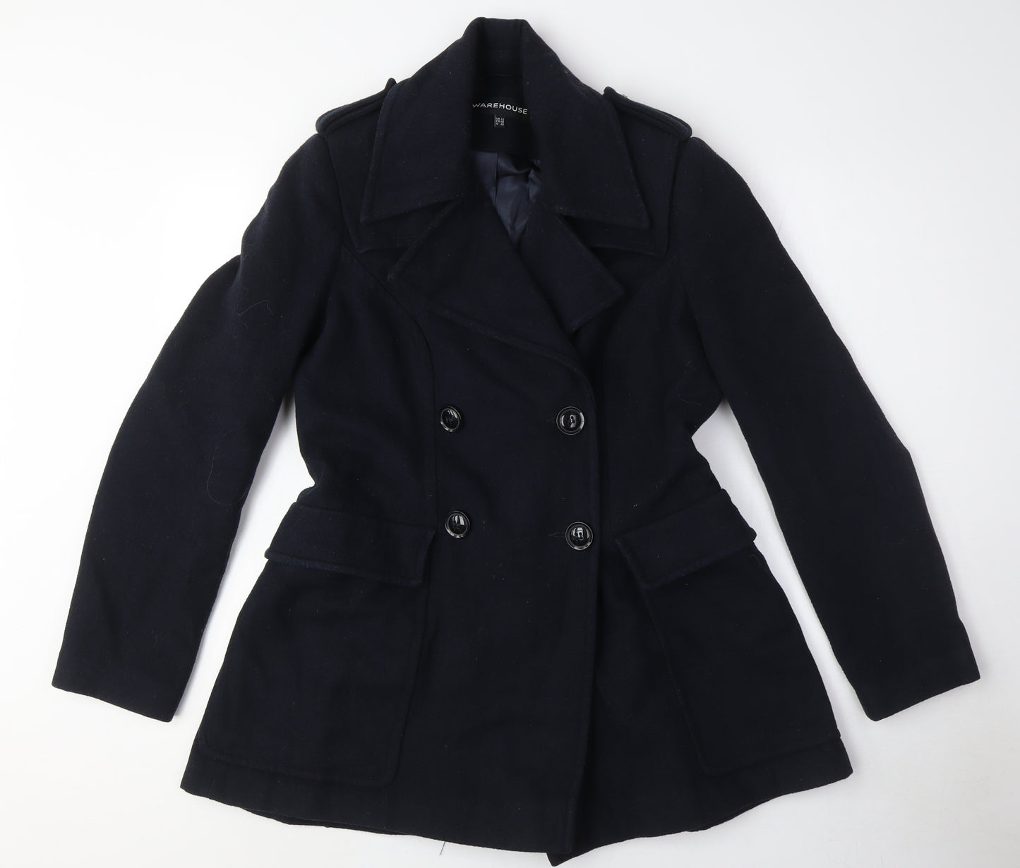 Warehouse Women's Black Pea Coat Size 12 Buttoned Wool Jacket