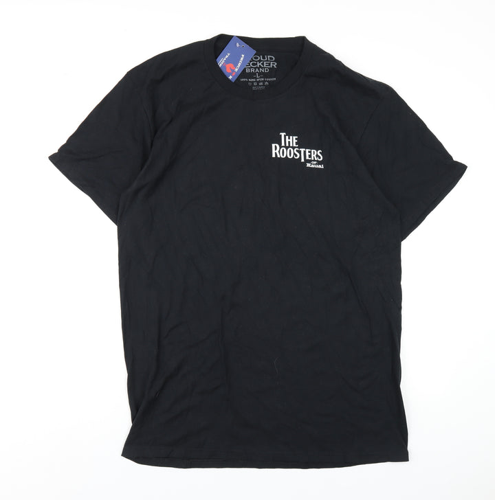 The Roosters Mens Black Cotton T-Shirt Size L Round Neck