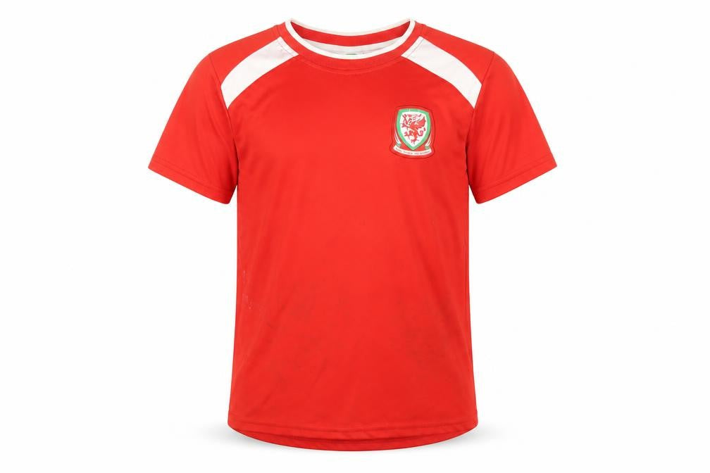 Front view of Wales boys’ red polyester basic t-shirt, size 10-11, years round neck pullover - fa wales