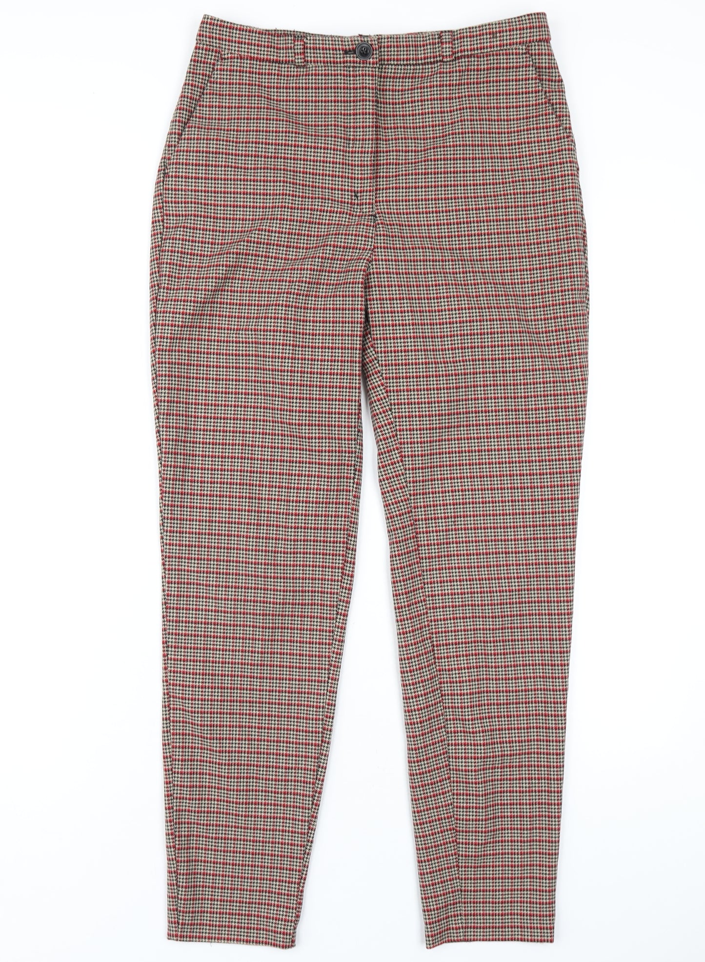 Monki Womens Red Plaid Polyester Trousers Size 8 L29 in Regular Zip