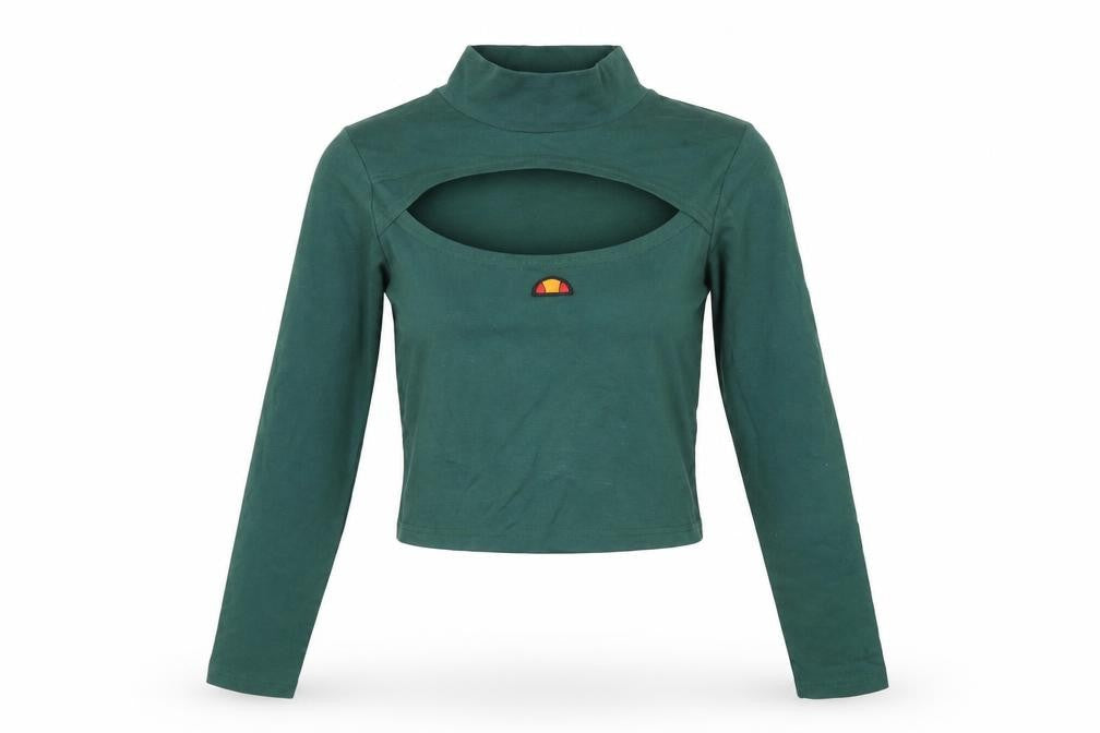 Front view of Ellesse women’s green cotton basic t-shirt, size UK 8, mock neck
