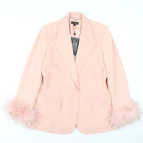 Nadine Merabi Womens Pink Jacket Blazer Size L Button - Feather Trim