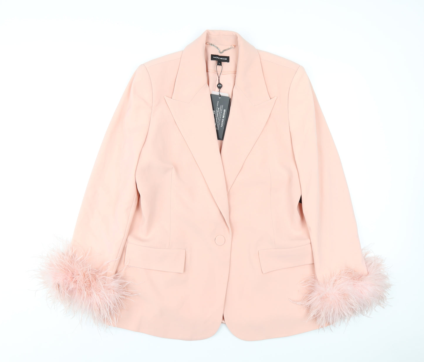 Nadine Merabi Womens Pink Jacket Blazer Size L Button - Feather Trim