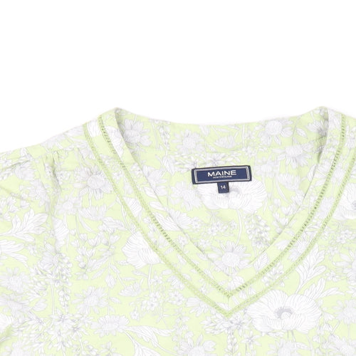 Maine Womens Green Floral Viscose Basic T-Shirt Size 14 V-Neck