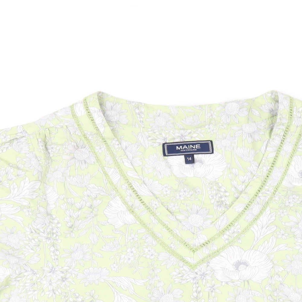 Maine Womens Green Floral Viscose Basic T-Shirt Size 14 V-Neck