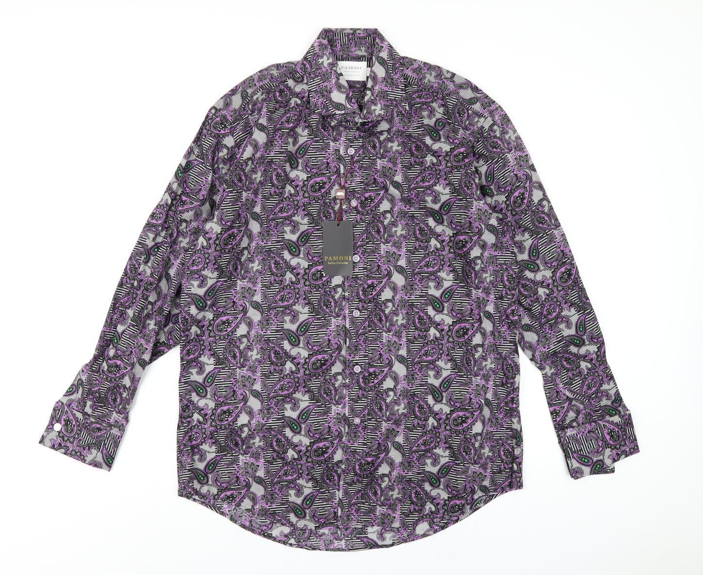 Pamoni Mens Multicoloured Geometric Cotton Button-Up Size 16 Collared Button