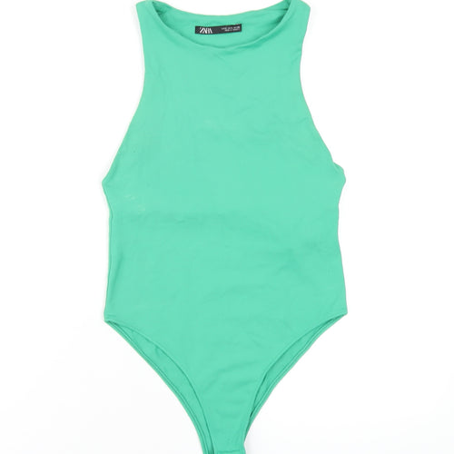 Zara Womens Green Polyamide Bodysuit One-Piece Size S Snap