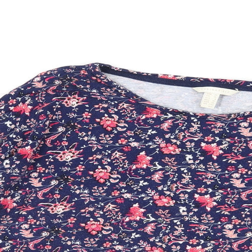 Springfield Womens Blue Floral Viscose Basic T-Shirt Size XL Round Neck