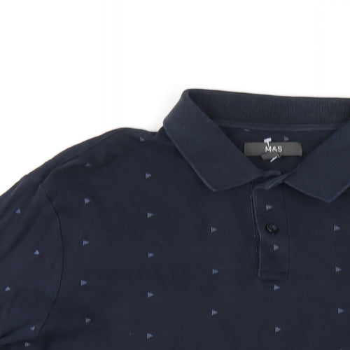 Marks and Spencer Mens Blue Geometric Cotton Polo Size L Collared Button