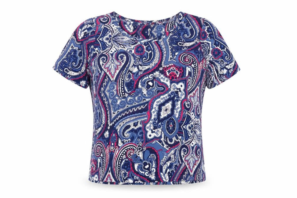 Front view of Classics women’s multicoloured geometric viscose basic t-shirt, size UK 12, round neck