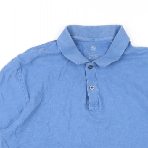 Marks and Spencer Mens Blue Cotton Polo Size M Collared Button