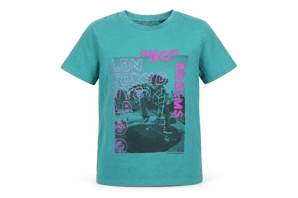 Front view of Next boys’ green cotton basic t-shirt, size 7, years round neck pullover