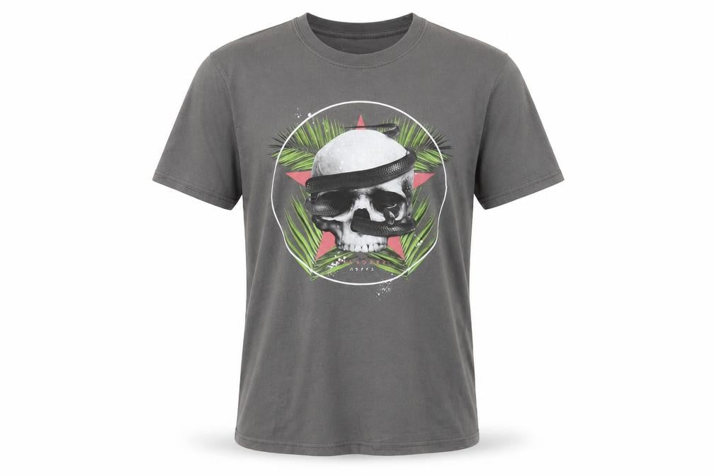 Front view of Asylum men’s grey cotton t-shirt, size M, round neck