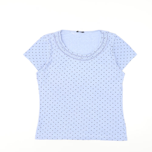 M&Co Womens Blue Polka Dot Polyester Basic T-Shirt Size 16 Round Neck