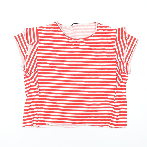 Zara Womens Red Striped Cotton Basic T-Shirt Size L Round Neck