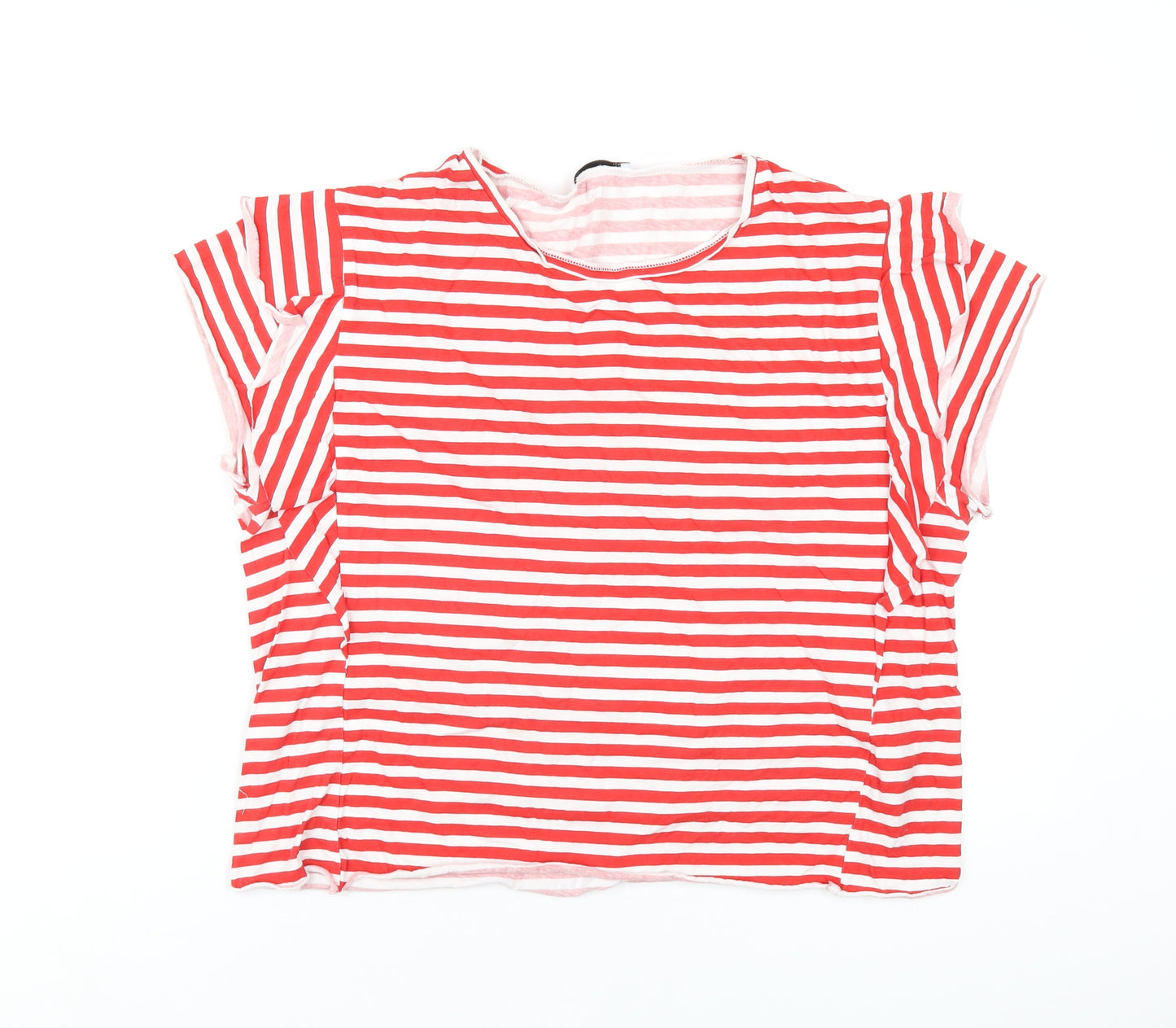 Zara Womens Red Striped Cotton Basic T-Shirt Size L Round Neck