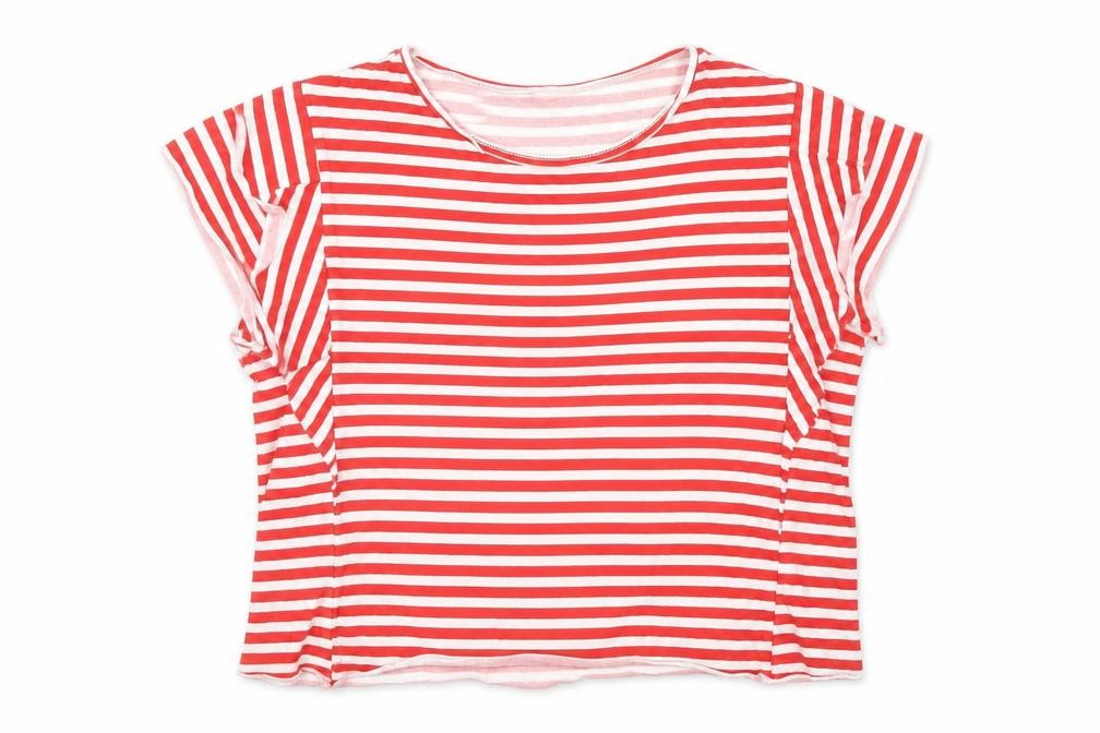 Front view of Zara women’s red striped cotton basic t-shirt, size L, round neck