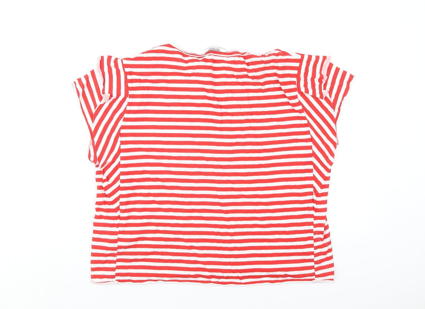 Zara Womens Red Striped Cotton Basic T-Shirt Size L Round Neck