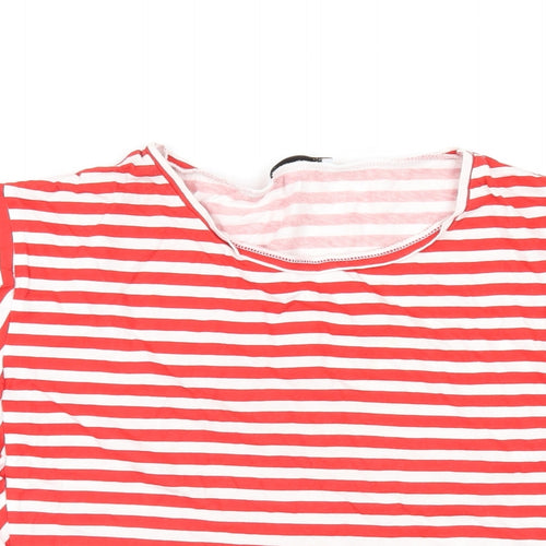 Zara Womens Red Striped Cotton Basic T-Shirt Size L Round Neck