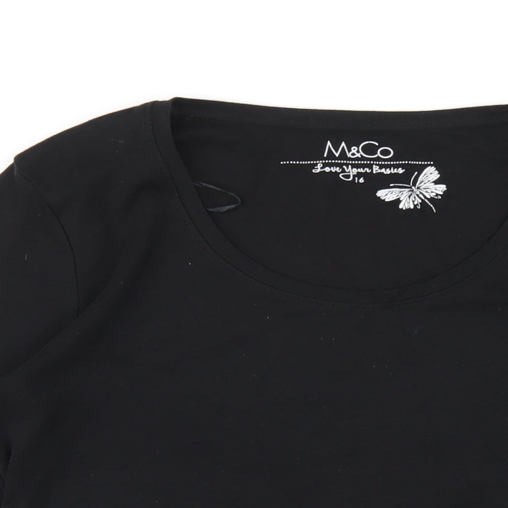 M&Co Womens Black Cotton Basic T-Shirt Size 16 Scoop Neck