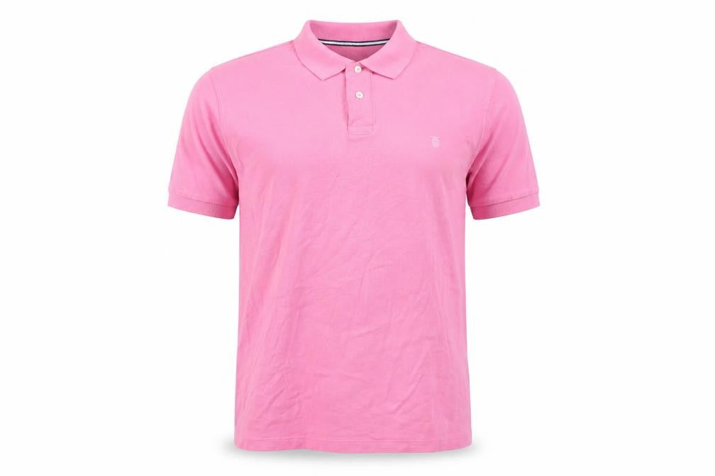 Front view of Marks & Spencer men’s pink cotton polo, size M, collared button