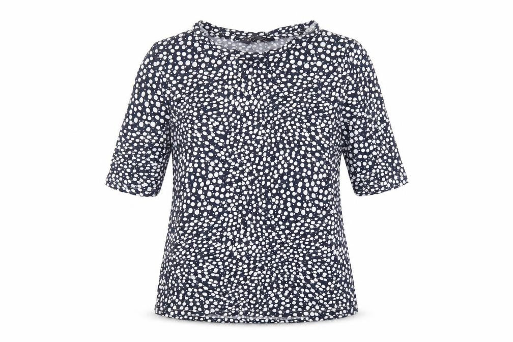 Front view of Marks & Spencer women’s blue geometric viscose basic t-shirt, size UK 10, round neck