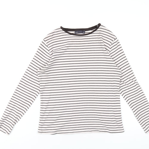 Marks and Spencer Womens Brown Striped Cotton Basic T-Shirt Size 14 Round Neck