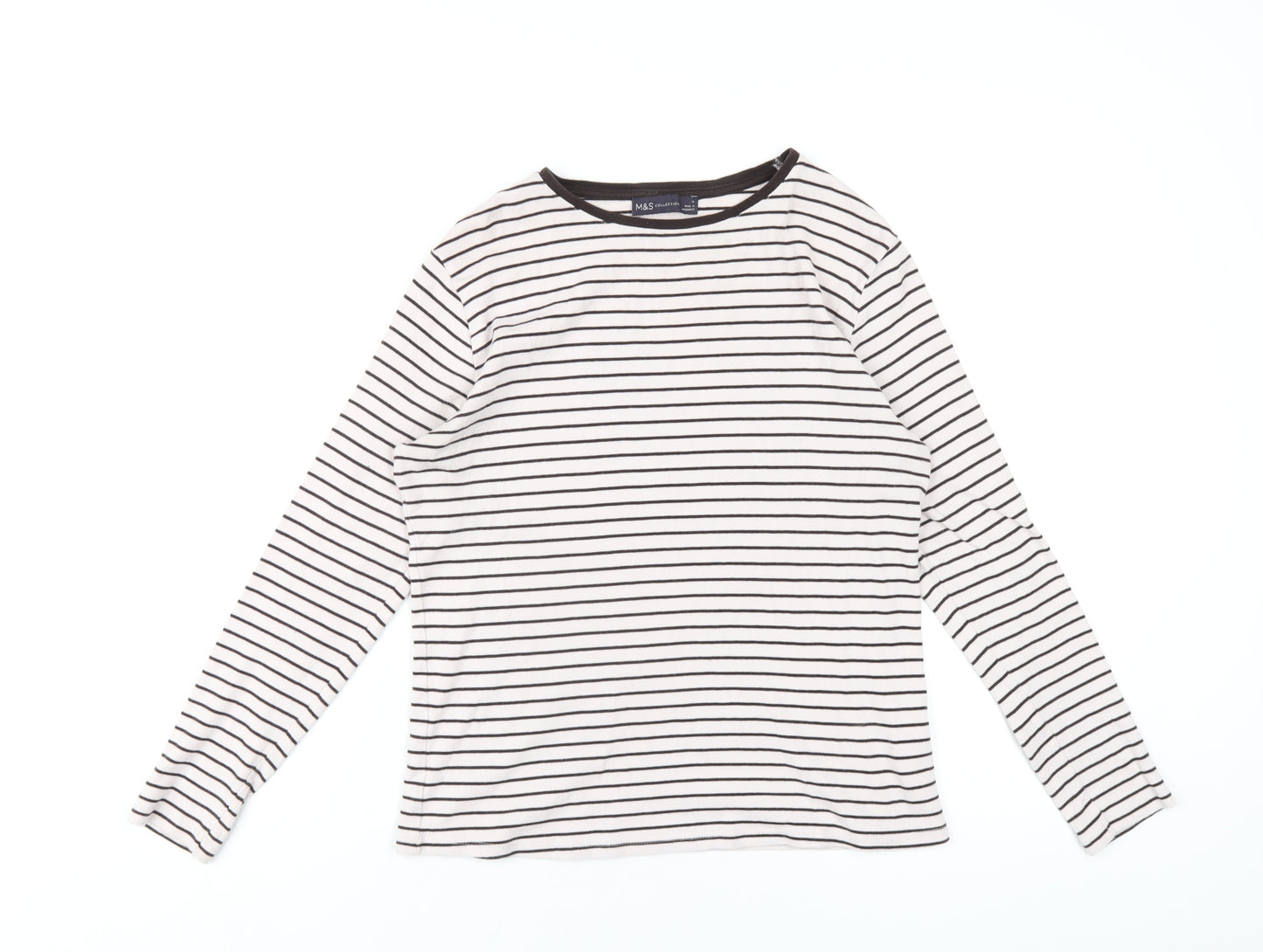 Marks and Spencer Womens Brown Striped Cotton Basic T-Shirt Size 14 Round Neck