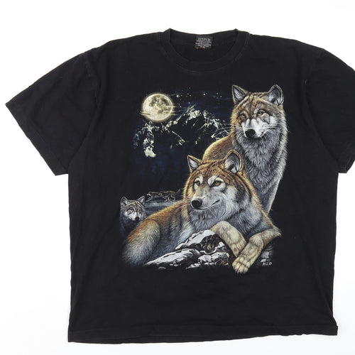 Wild Mens Black Cotton T-Shirt Size XL Round Neck - Wolf Print