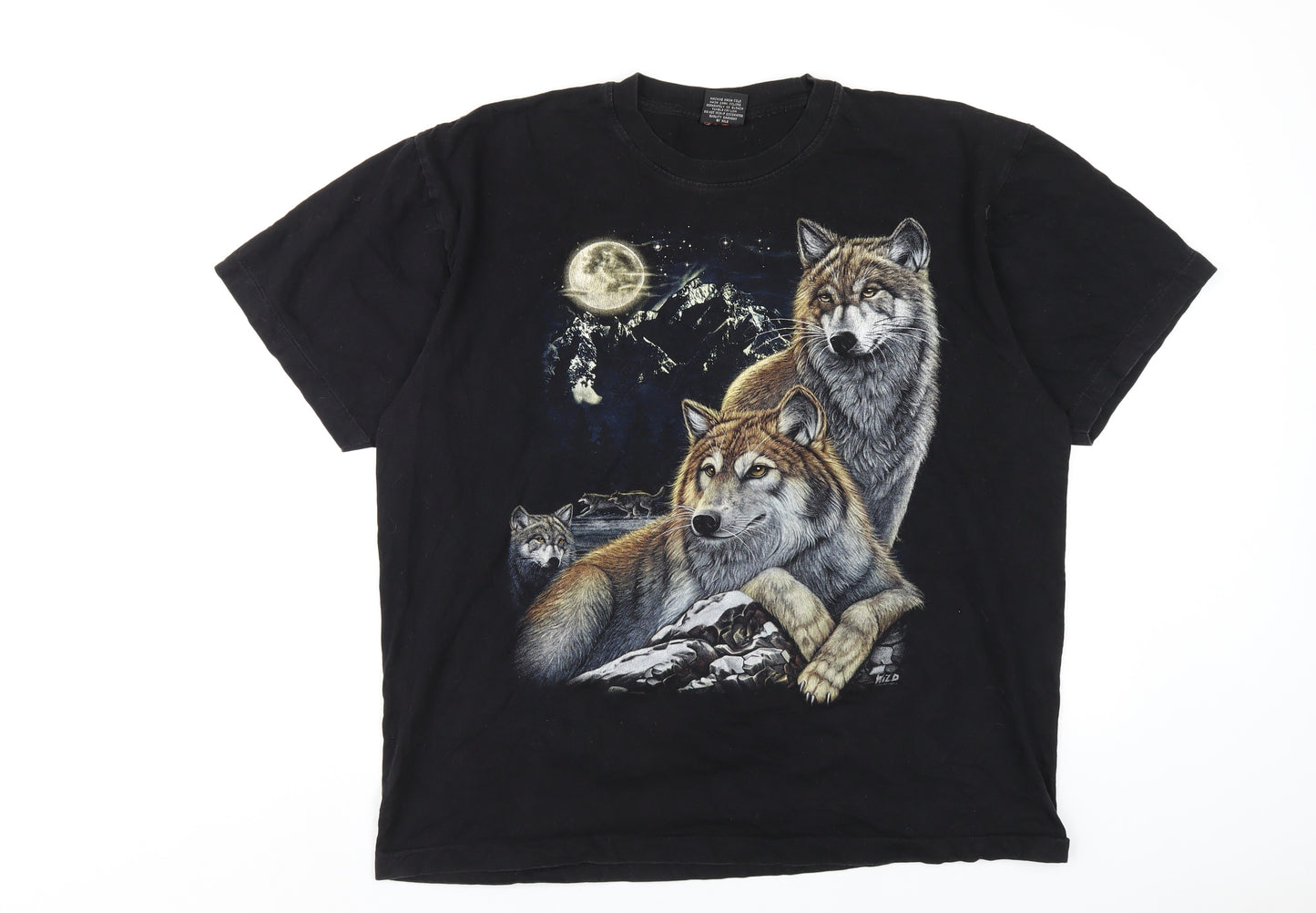 Wild Mens Black Cotton T-Shirt Size XL Round Neck - Wolf Print