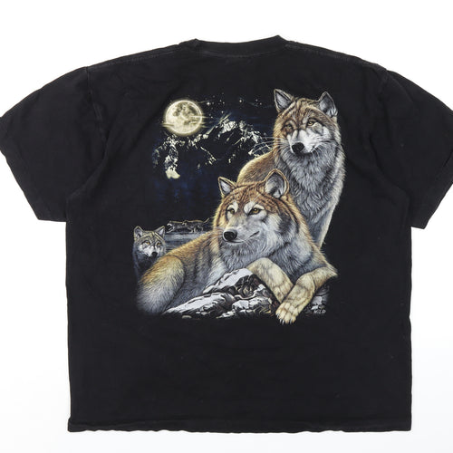 Wild Mens Black Cotton T-Shirt Size XL Round Neck - Wolf Print