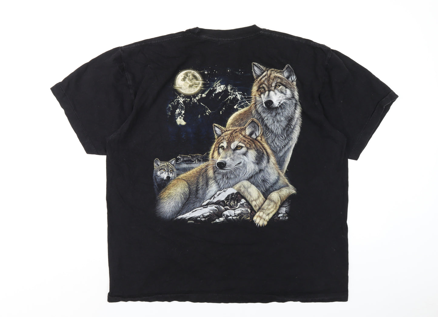 Wild Mens Black Cotton T-Shirt Size XL Round Neck - Wolf Print