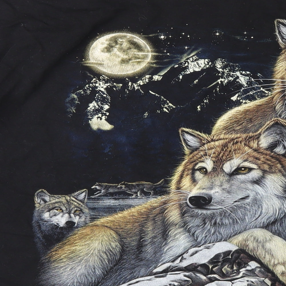 Wild Mens Black Cotton T-Shirt Size XL Round Neck - Wolf Print