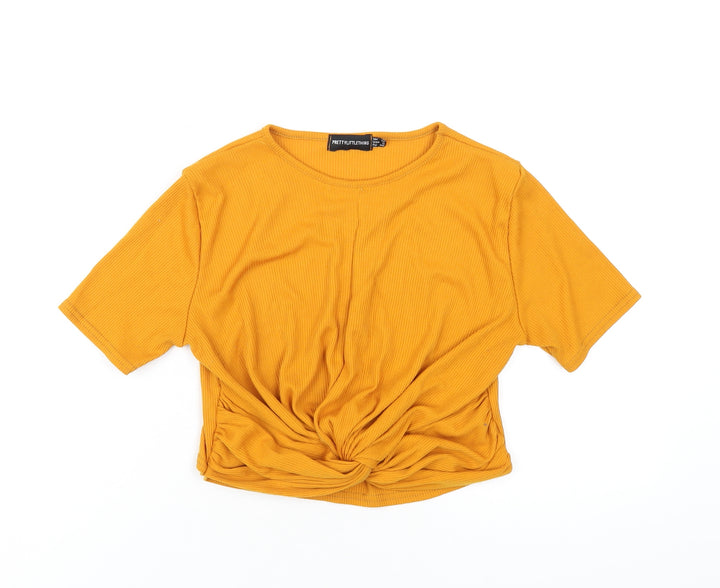 PRETTYLITTLETHING Womens Orange Polyester Cropped T-Shirt Size 12 Round Neck