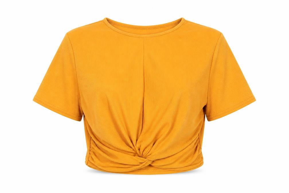 Front view of PRETTYLITTLETHING women’s orange polyester cropped t-shirt, size UK 12, round neck